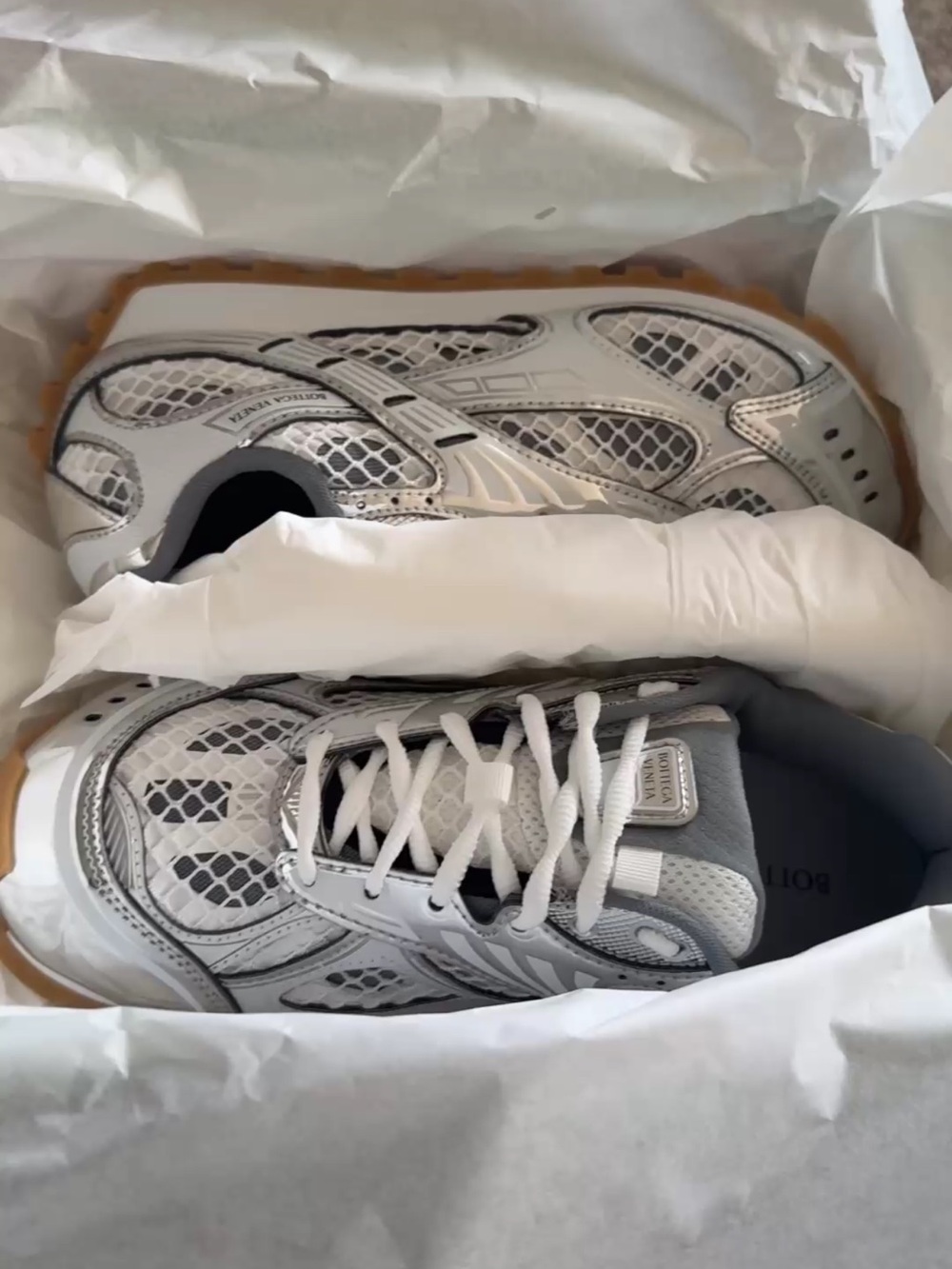 Bottega Veneta White and Gray Mesh Running Sneakers with Gum Sole